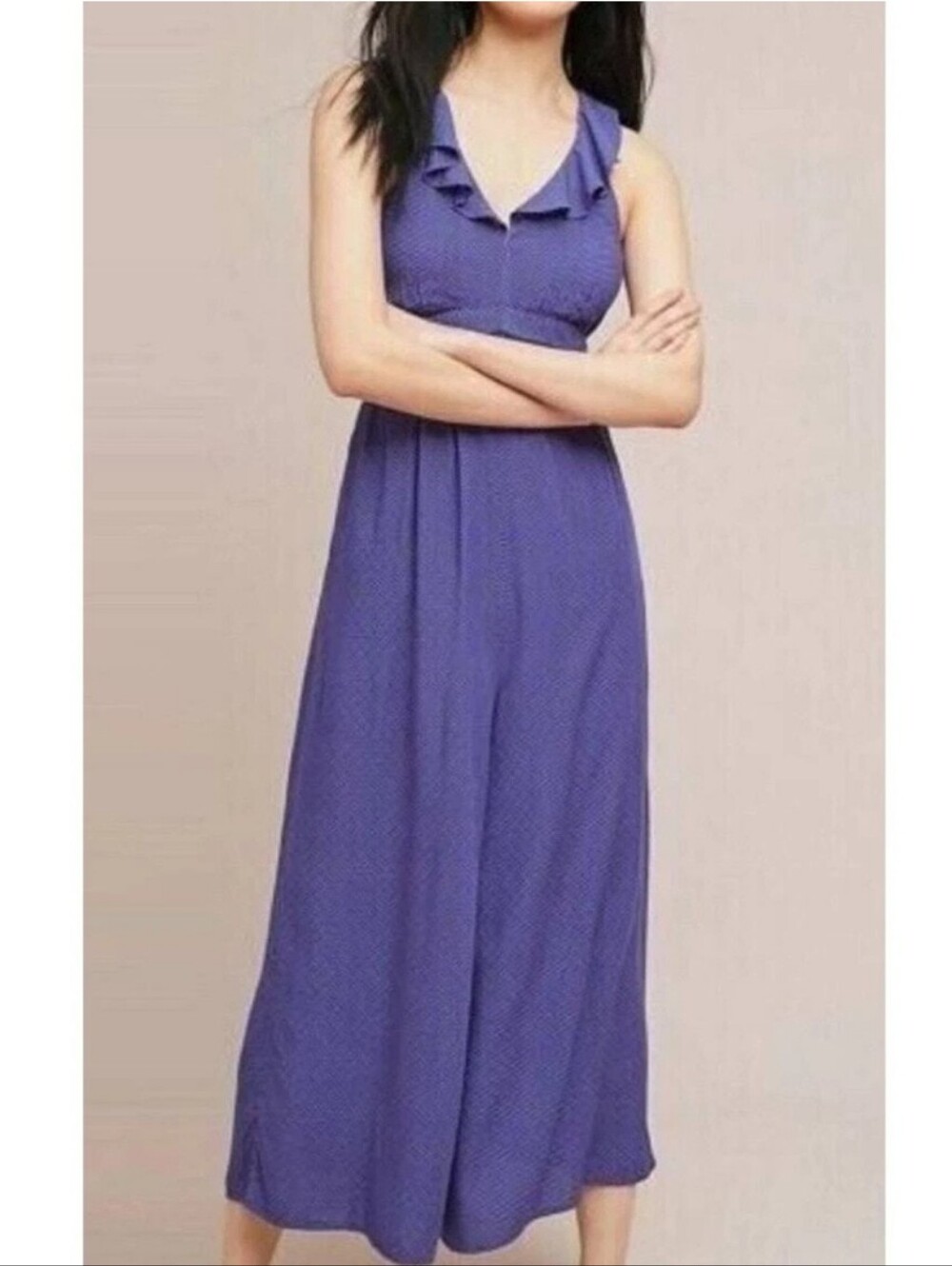 Anthropologie × Maeve Justine Blue Polka Dot Wide Leg Jumpsuit Ruffle Straps 0